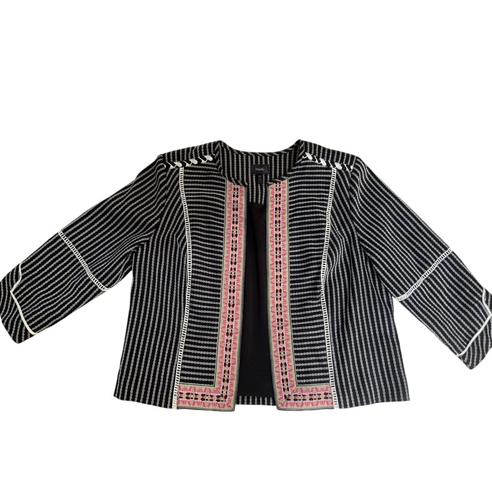 Rafaella Petite M Embroidered Open Front Jacket Black White Striped Boho